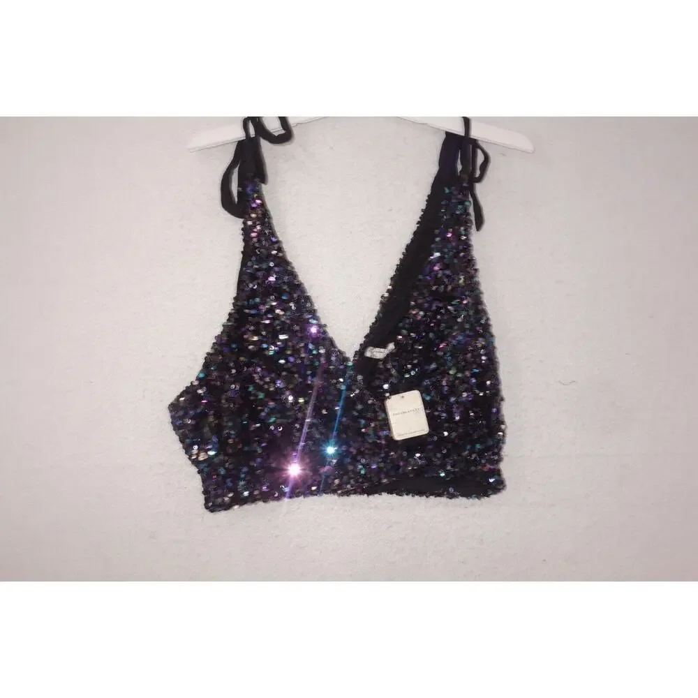 NEW Free People Intimately Big Night Sequin Crop Top BLACK Women's LARGE